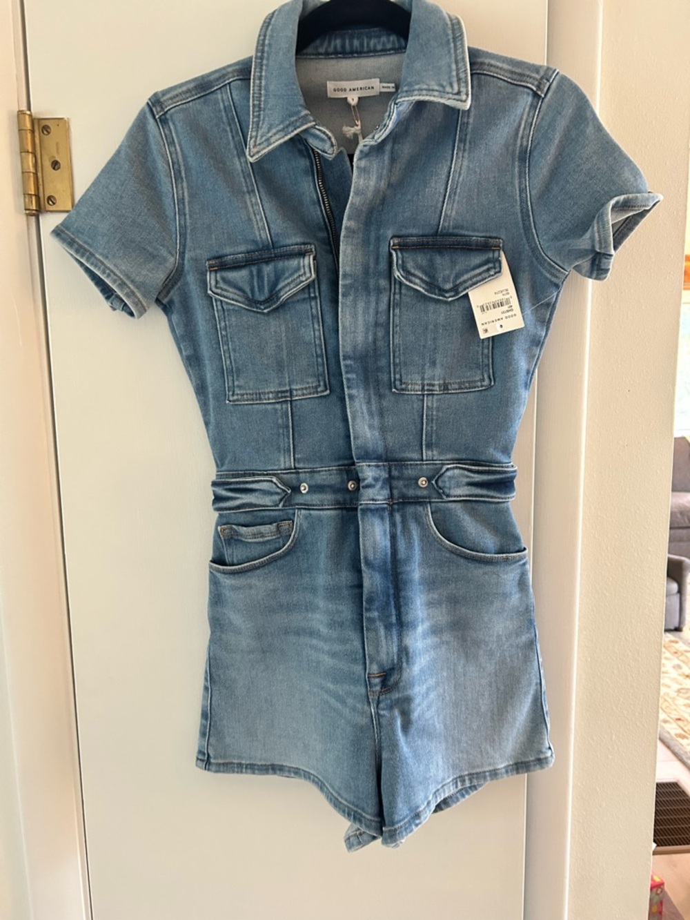 Good American Light Wash Denim Short Romper - Blue